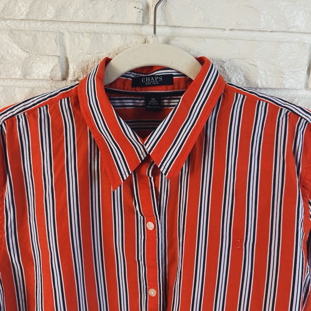 Chaps Orange and Blue Striped Button Down Shirt - Picture 2 of 5
